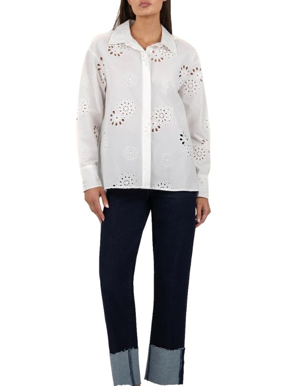 Kut from the Kloth Marissa Embroidery Button-Down Shirt S White Eyelet Placket